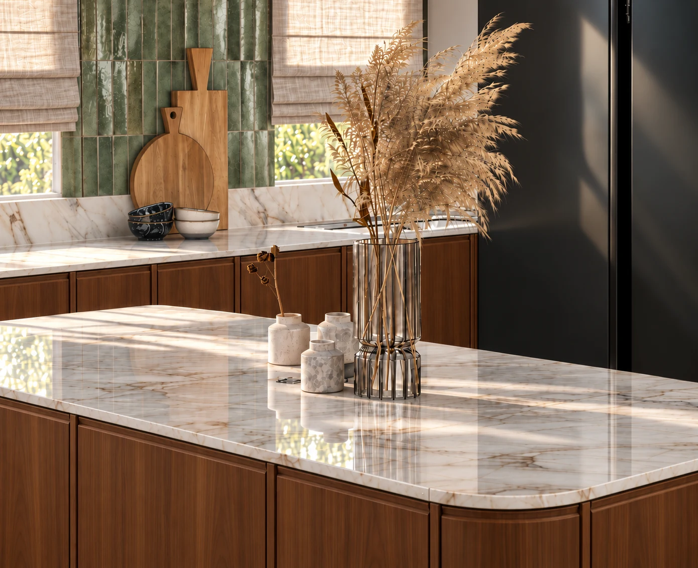 Kitchen detail with marble worktop, timber cabinetry and green tiled backsplash