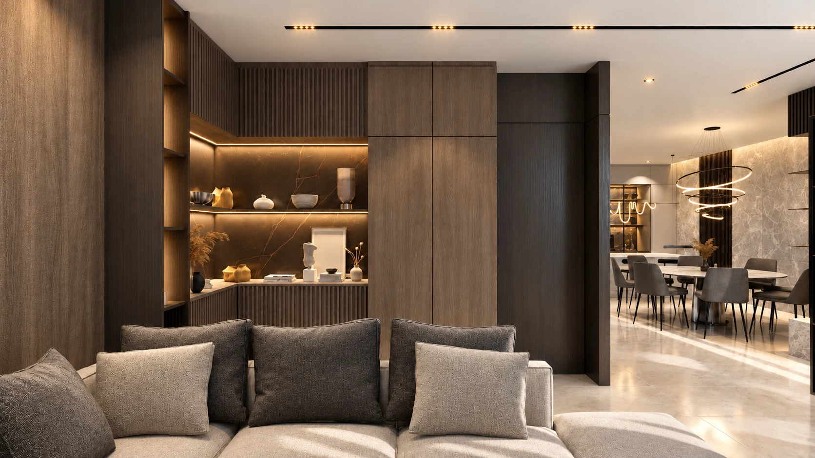 Warm timber, illuminated shelving and integrated storage.